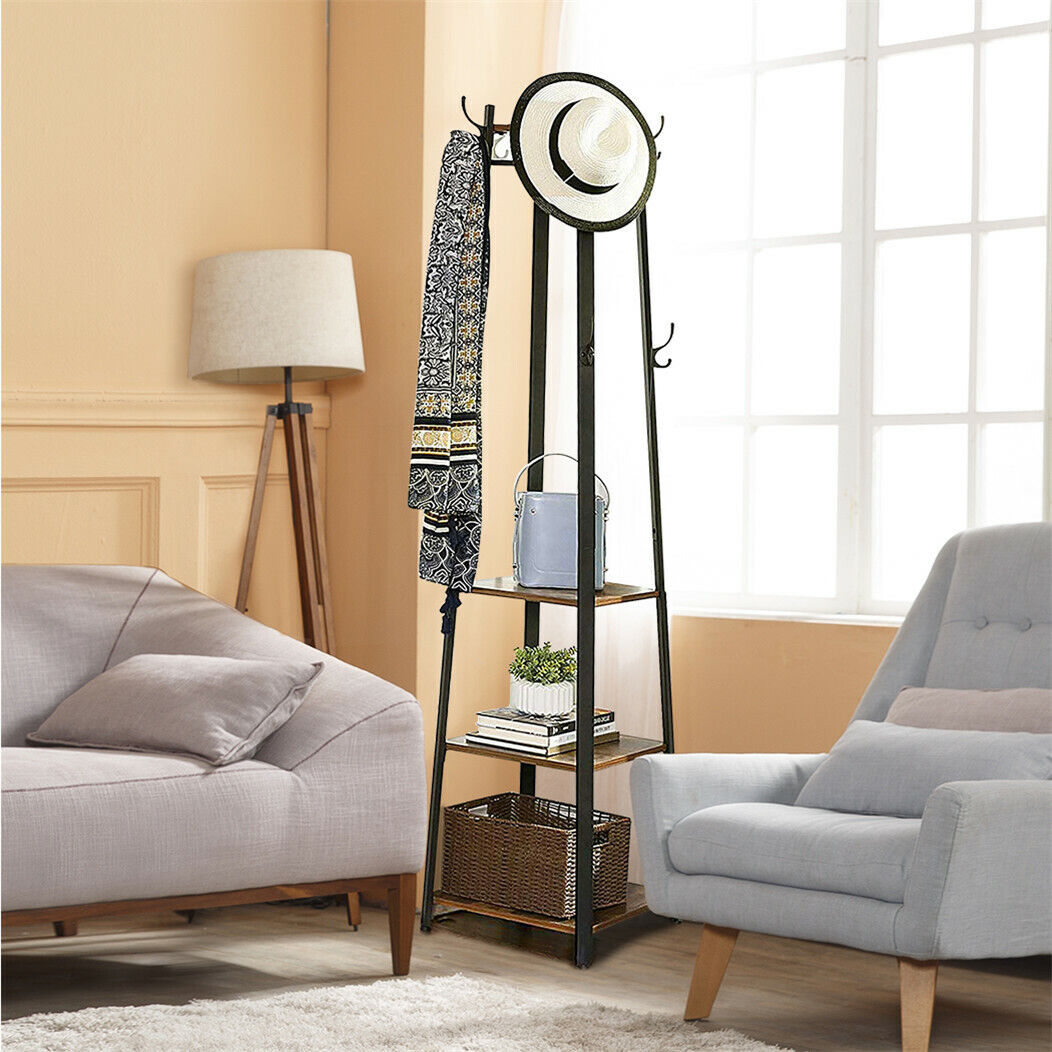 180cm Coat Stand Corner Garment Hat Rack Clothes Rails Hanger w/ 4 Storage Shelf