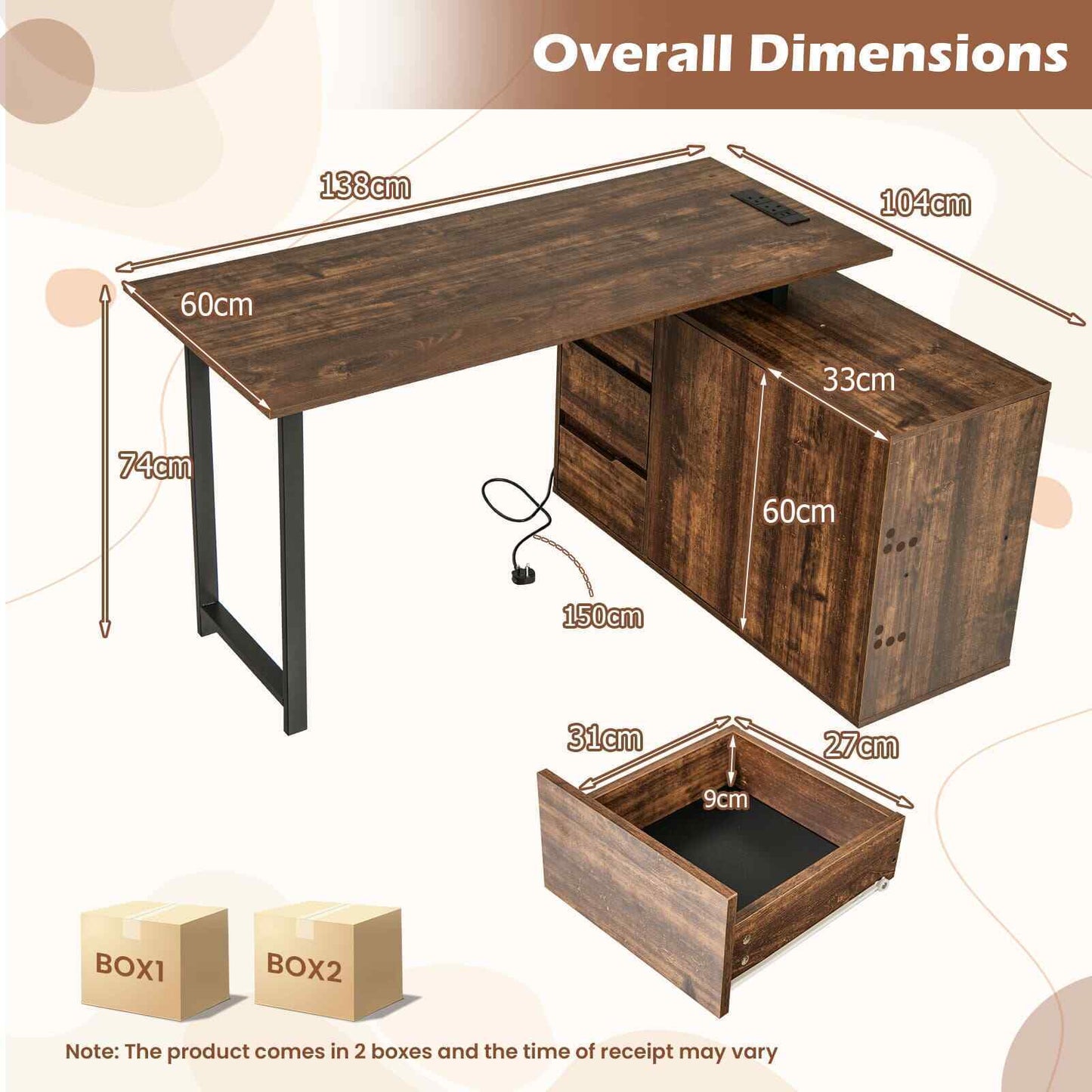 138 cm Reversible Corner Computer Desk L-Shaped Desk with 3 Drawers