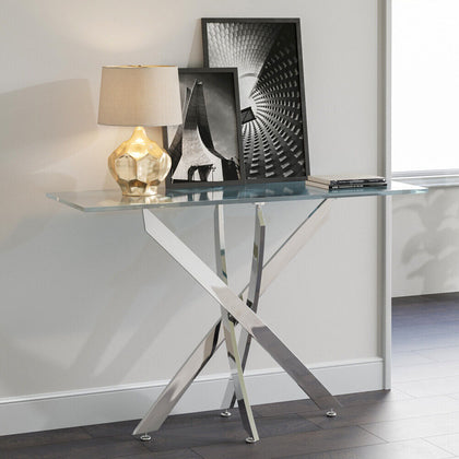 Modern Clear Glass Console Table Hallway Side Table Display Stand Chrome Legs
