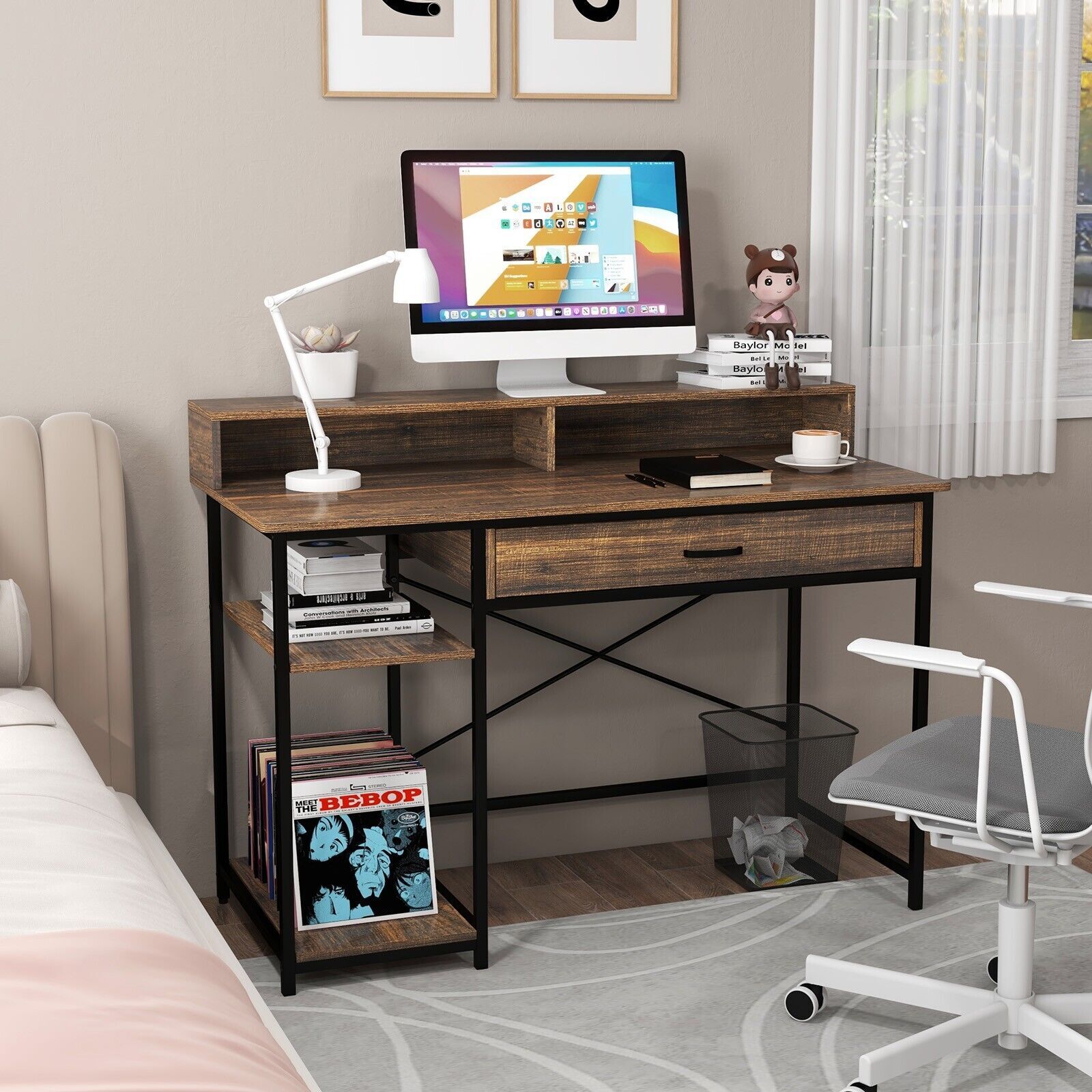 Writing Workstation Design Industrial Computer Desk Writing Workstation w/Storage Drawer and 2 Op ...