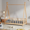 Boys Girls Pine Teepee Bed Tent Shape Roof Wood House Bed Frame &Fence Guardrail