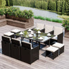 10 Seater Cube Rattan Dining Set W/ Cushions Glass Top Table Black