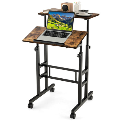 2-Tier Adjustable Standing Desk Mobile Sit Stand Desk Office Laptop Cart