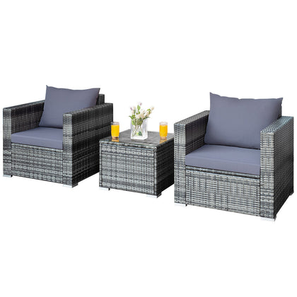 3 PCS Patio Wicker Bistro Set Outdoor Rattan Sofa Set Conversation Furniture