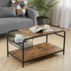 Living Room Coffee Table 2 Tier Rustic Wooden Tabletop with Wire Storage Rack