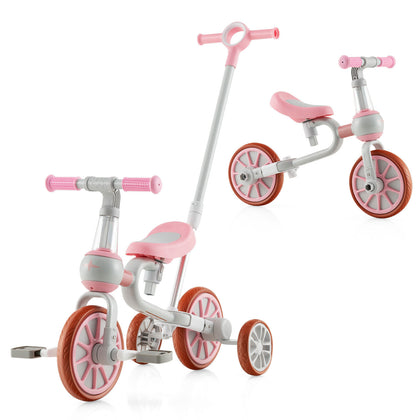 4-in-1 Kids Tricycle Adjustable Toddler Balance Bike w/ Removable Pedals Pink