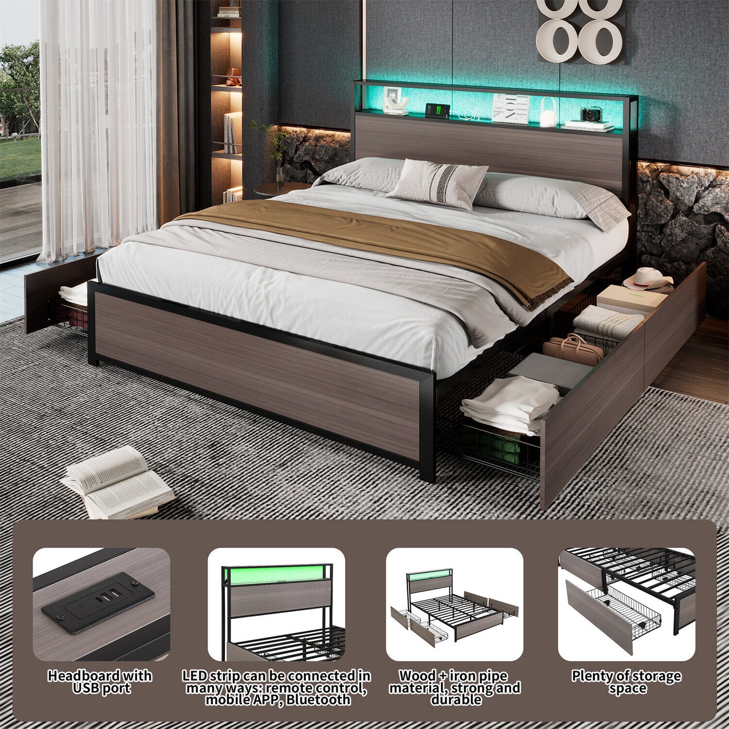 Double Bed Frame with LED Lights, 4 Drawers, Charging Station Metal Platform Bed