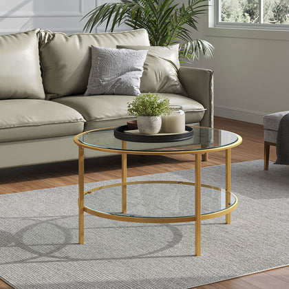 2 Tiers Round Glass Coffee Table Clear Stand with Shelf Rack & Gold Metal Frame