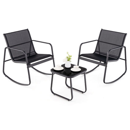 3Pcs Outdoor Rocker Chairs Table Set Garden Patio Rocking Chairs Glass-Top Table