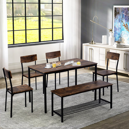 6Pc Kitchen Dining Table Chair and Bench Set Wooden Steel Frame Industrial Style