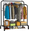 Heavy Duty Metal Double Rail Clothes Garment Hanging Rack w/ Shelfs & Shoe Rack