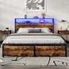 Double Metal Bed Frame with LED, Charging Station, Storage Headboard and Drawers