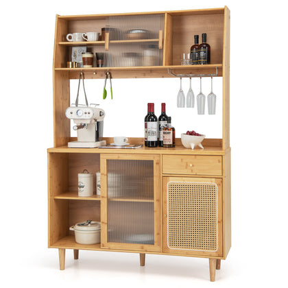 175CM Kitchen Bamboo Buffet Cabinet Wine Bar Freestanding Pantry Cabinet