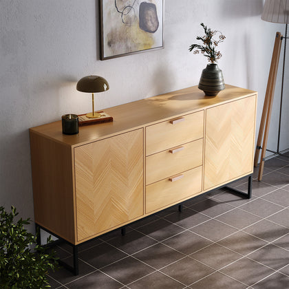 Luxury Oak Sideboard TV Unit Cabinet Buffet Cupboard With 3 Drawer 2 Door 160CM