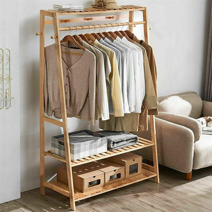 Bamboo Clothes Hanging Garment Rack Laundry Rack Cloest Storage Shelves
