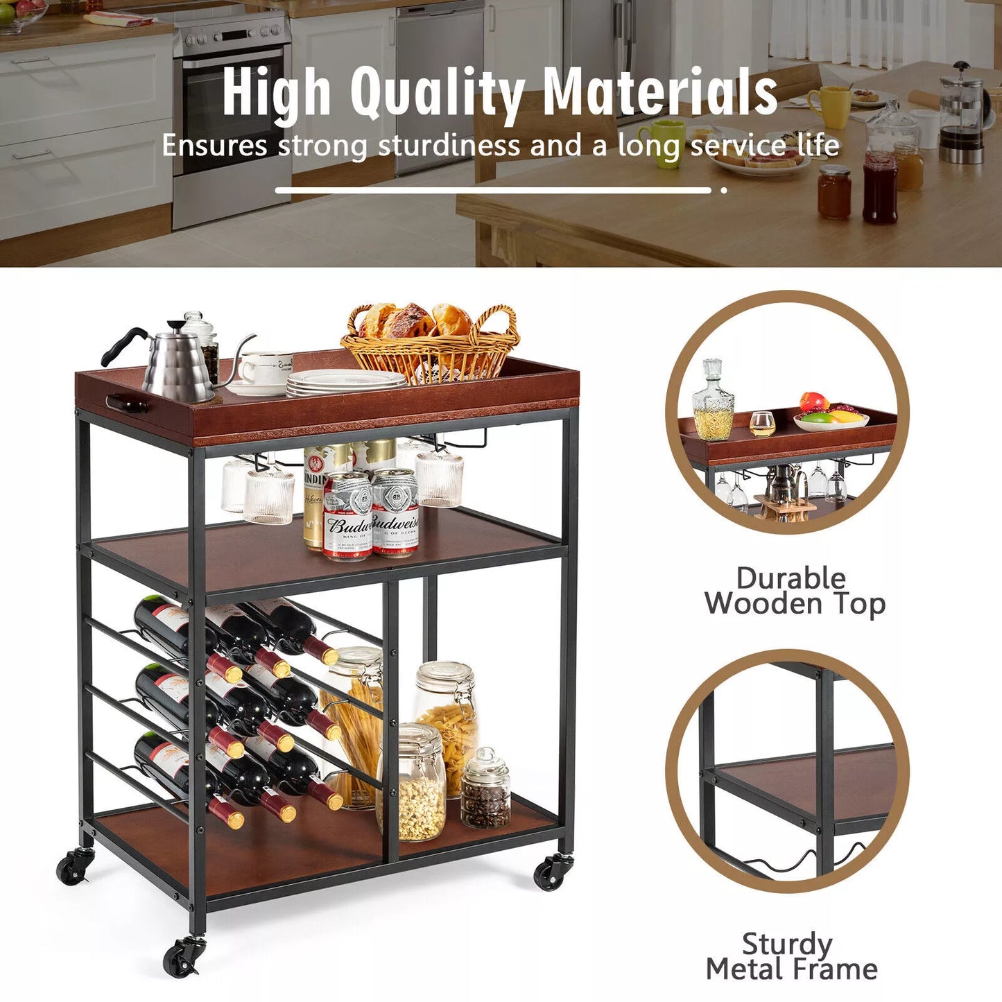 Industrial Kitchen Island Cart 3-Tier Rolling Bar Serving Trolley With Wine Rack