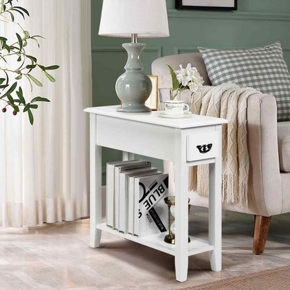 2 Tier End Table Narrow Nightstand w/ Storage Drawer