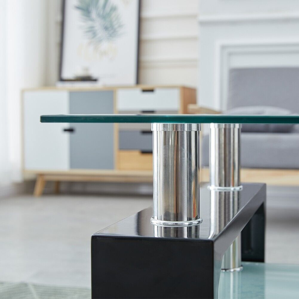 Modern Black Glass Coffee Table MDF Shelf Storage Living Room Rectangular