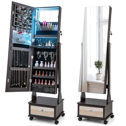Mobile Standing Jewelry Armoire Lockable Jewelry Organizer w/ 3-Color LED Lights
