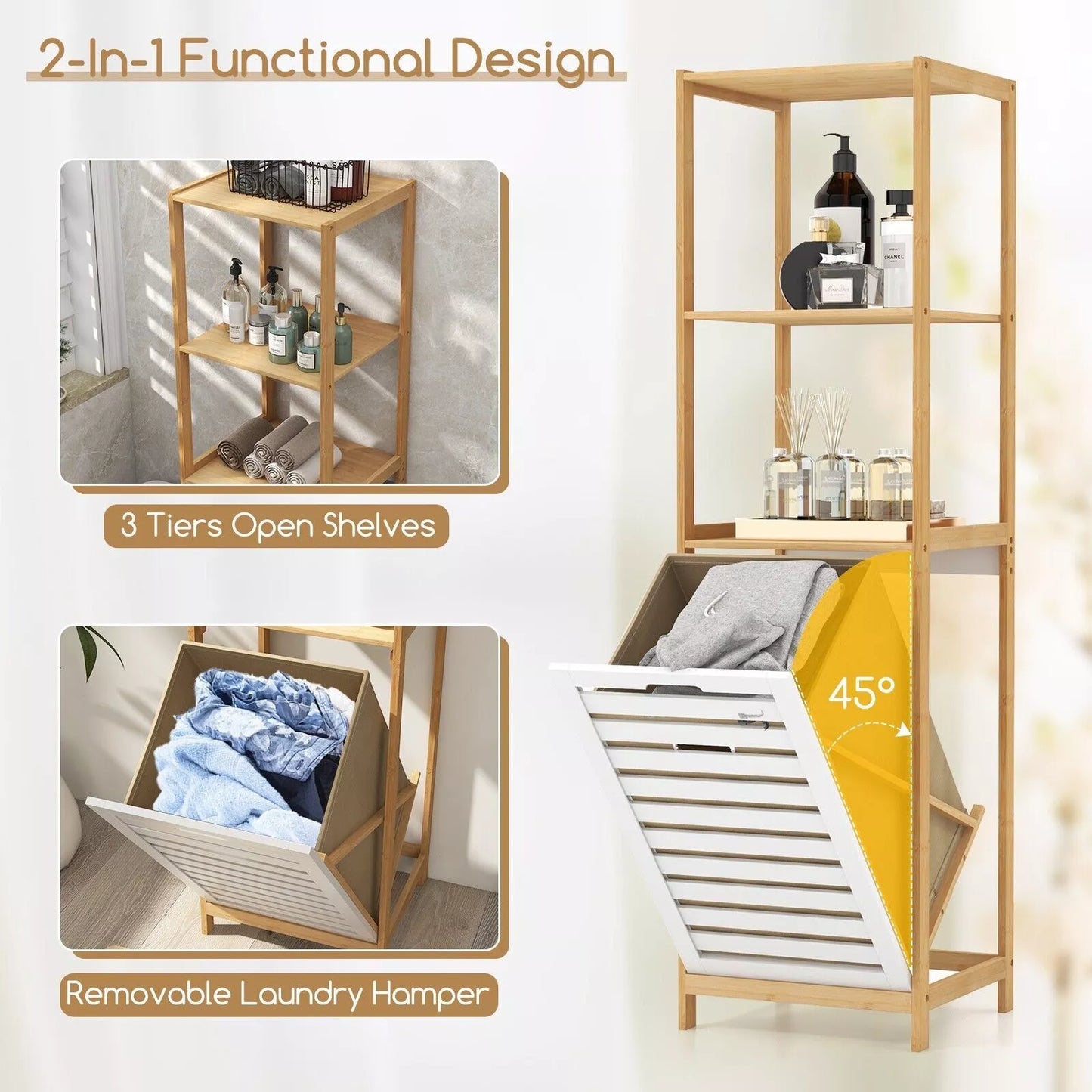 4-Tier Tilt-Out Laundry Hamper Bamboo Pull Out Laundry Hamper w/Shelves