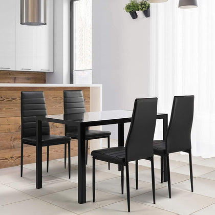 4x Black PU Leather Padded Seat Dining Chairs&Black Tempered Glass Dining Table