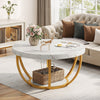 Modern Round Coffee Table, 2-Tier Circle Center Table with Faux White Marble