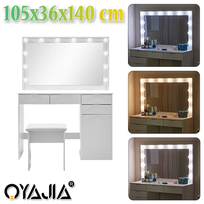 Large Dressing Table Stool Set with LED Light Mirror Vanity Make up Desk NEW
