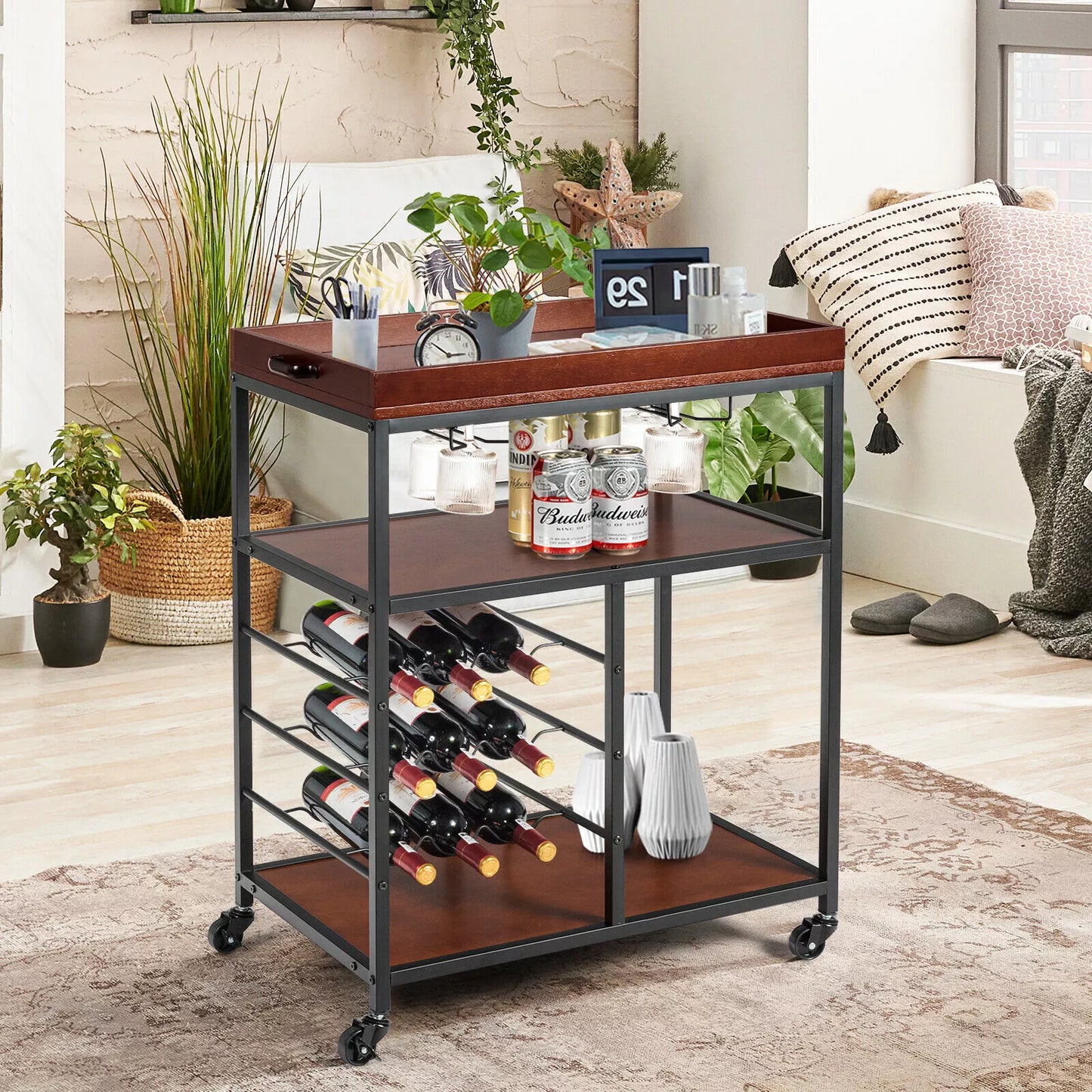 Industrial Kitchen Island Cart 3-Tier Rolling Bar Serving Trolley With Wine Rack