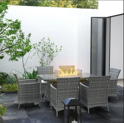 7 Pieces Outdoor Rattan Garden Furniture with Fire Pit Table & 6 Chairs