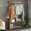 Bamboo Clothes Rail Rack Coat Stand Entryway 2 Storage Shelves With Wheel