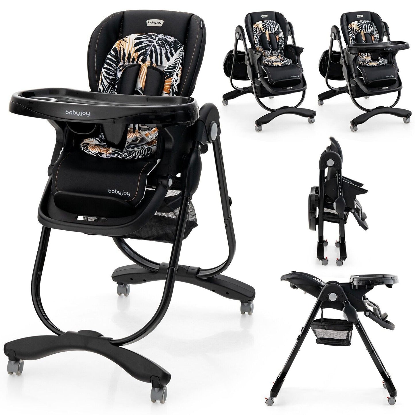 Folding Baby High Chair Adjustable Convertible High Chair W/ Removable Meal Tray