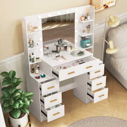 Large Dressing Table With Smart LED Mirror 7 Drawers Makeup Vanity Desk White UK