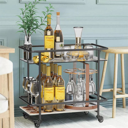 2 Tier Rolling Trolley Bar Cart Kitchen Home Serving Trolley with Lockable Wheel
