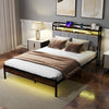 King Size Bed Frame w/ 2-Tier Storage & LED Light-Brown