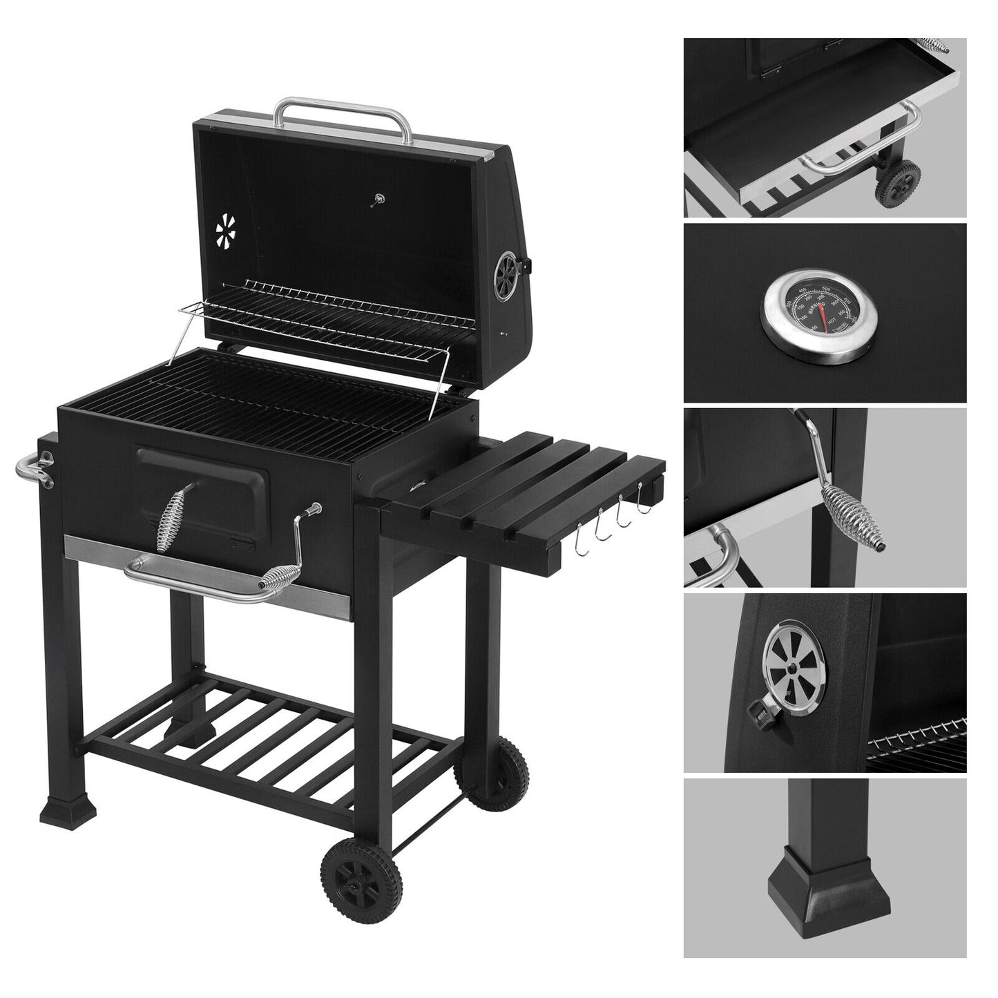 Garden Barbecue Grill Portable BBQ Trolley Grill with Thermometer Folding Shelf