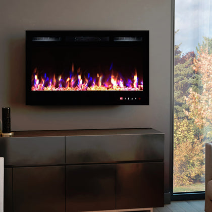2025 TRUFLAME™ 36 INCH WIDE LED FLAMES BLACK GLASS WALL MOUNTED ELECTRIC FIRE