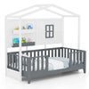 Single Wood House Bed Montessori Floor Bed w/ 2 Shelves & Guardrails