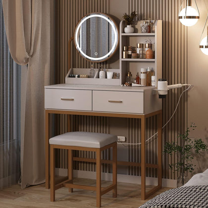 Modern Dressing Table Set with LED Light Mirror Stool Drawers Shelves Bedroom