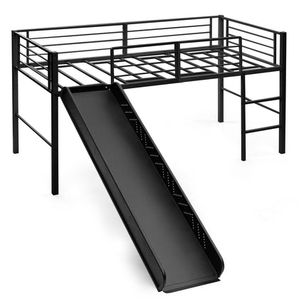 96CM Kids Low Loft Bed Frame Single Size Steel Bed Mid Sleeper w/Ladder & Slide