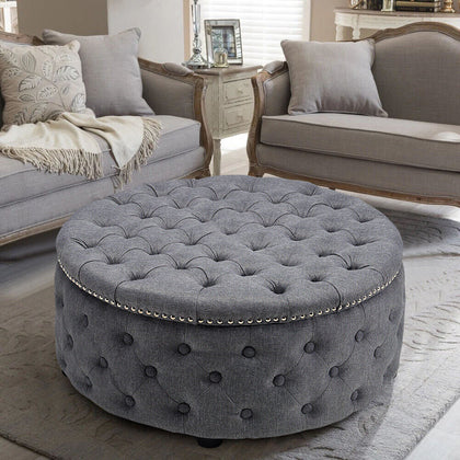 Large Round Upholstered Stool Coffee Table Stand Pouf Chair Pouffe Footrest Grey