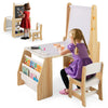 Kids Study Table Set with Chair Easel Whiteboard Paper Roll Storage Natural