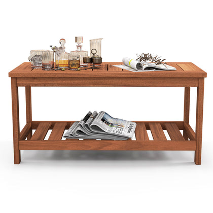 2-Tier Outdoor Patio Rectangle Tea Table Wooden Side Table Coffee Table Brown