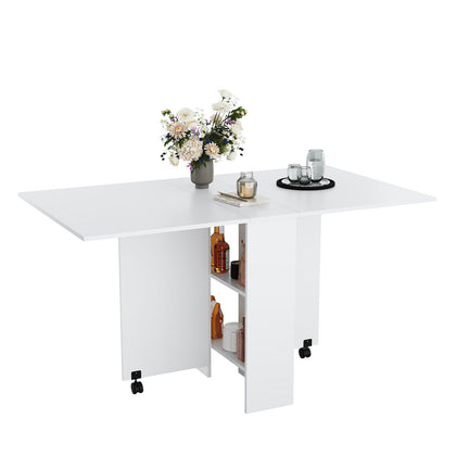 Mobile White Folding Dining Table Drop Leaf Rolling Desk with 2 Storage Shelves