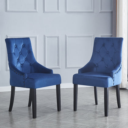 2x Blue Velvet Dining Chairs Button-Tufted Upholstered with Rivets Ring Pull