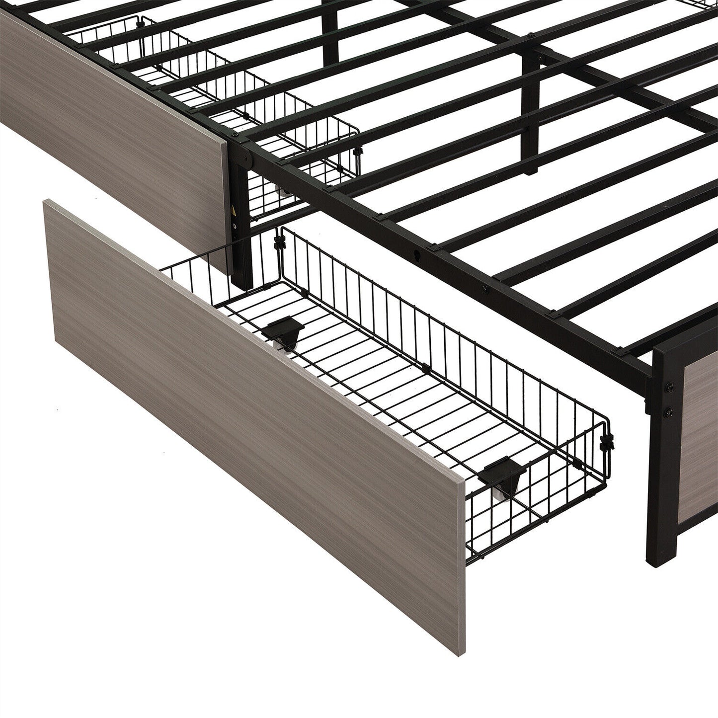 Double Bed Frame with LED Lights, 4 Drawers, Charging Station Metal Platform Bed