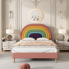 4FT6 Double Upholstered Bed with Slatted Bed Frame and Rainbow Headboard Pink
