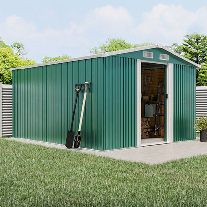 Backyard Storage Shed 10 x 8ft Tool House &Free Base Apex Roof Garden Shed Green