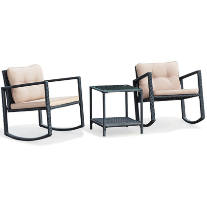 3 Pcs Outdoor Rocking Bistro Set PE Rattan Rocking Chair Set w/Cushions-Brown