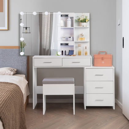 Makeup Desk Dressing Table W/ Mirror 5Drawers Slide Door Stool Vanity Set +Bulbs