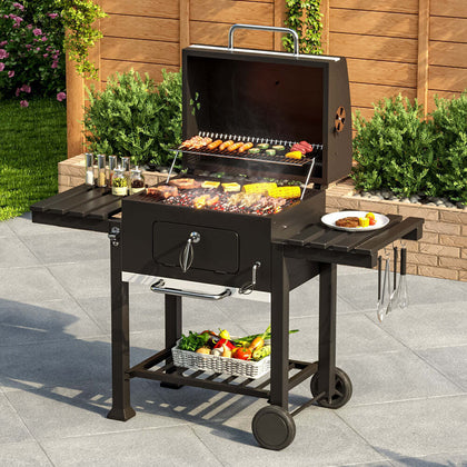 Large Charcoal Grill BBQ Smoker with Wheels, 2 Foldable Side Tables, Thermometer